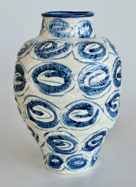 Large Blue Swirl Dot Ceramic Vase